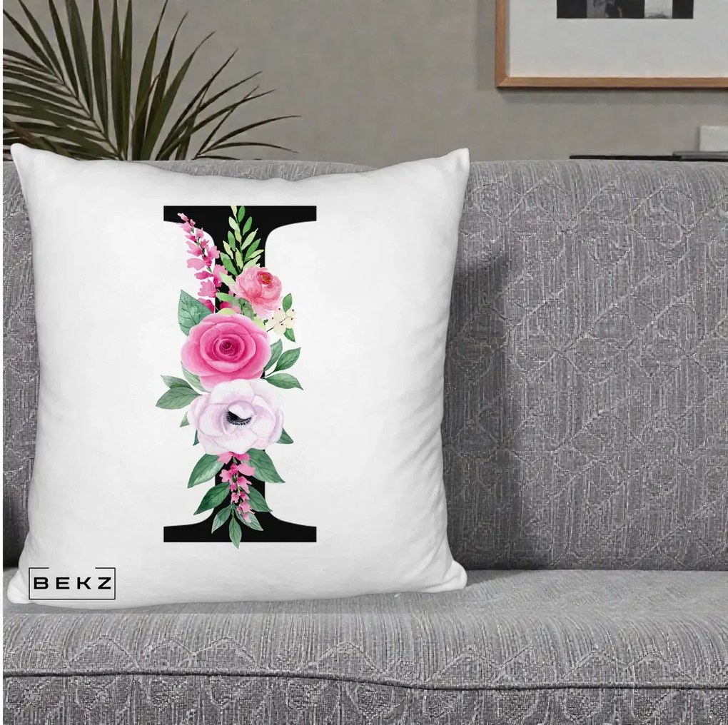 Cadou Personalizat - Perna Personalizata Monograma Florala Litera I, 40x40 cm, Alb Pufos, Husa Detasabila, Perna Inclusa, BEKZ®