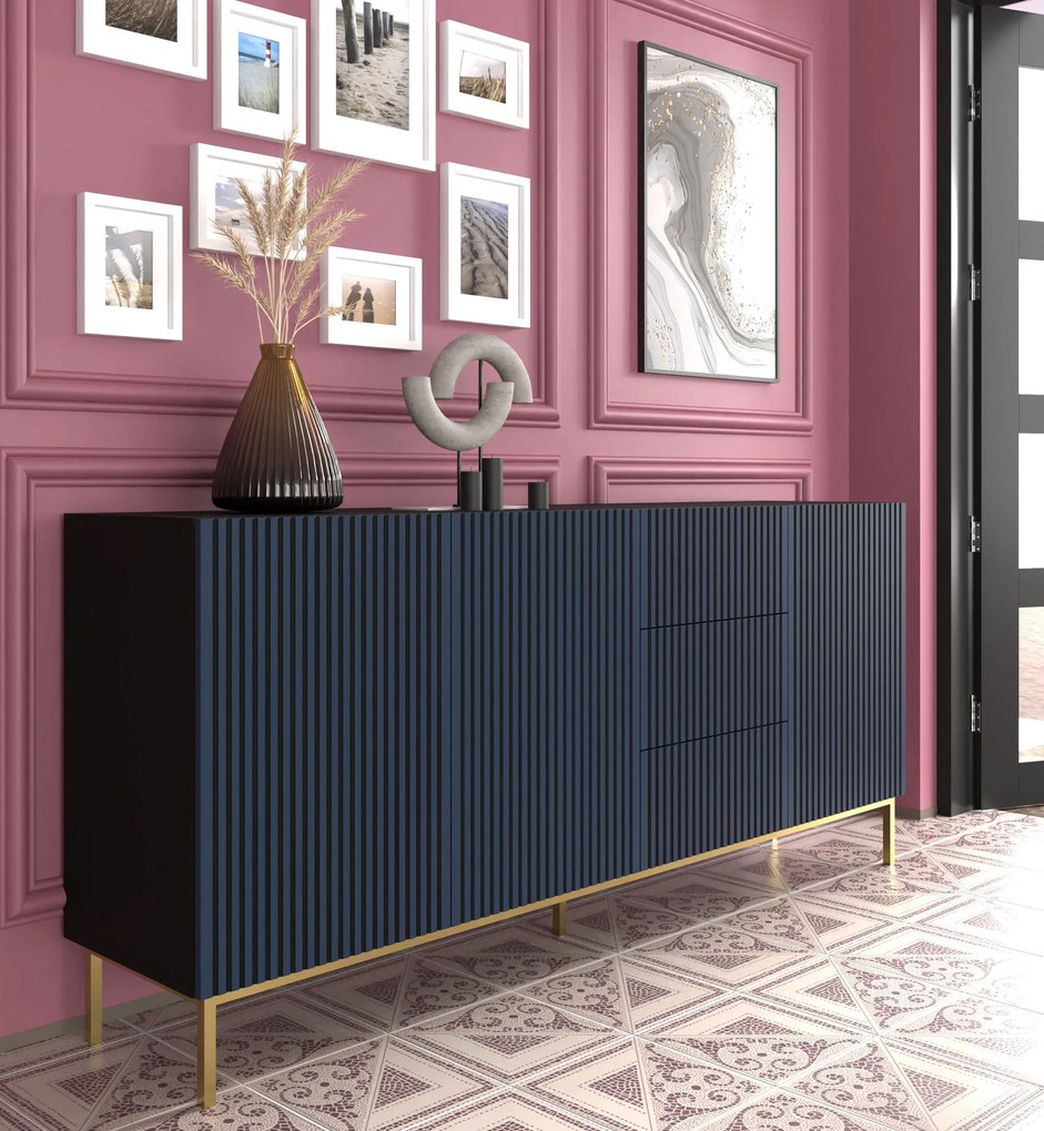 Comodă F 3D3S 200 Rowanna (Negru + albastru închis + Auriu). 1125074
