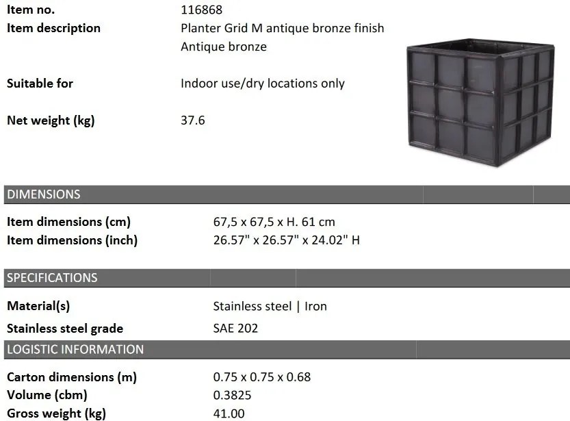 Ghiveci, Vas decorativ din otel inoxidabil Grid M bronz vintage