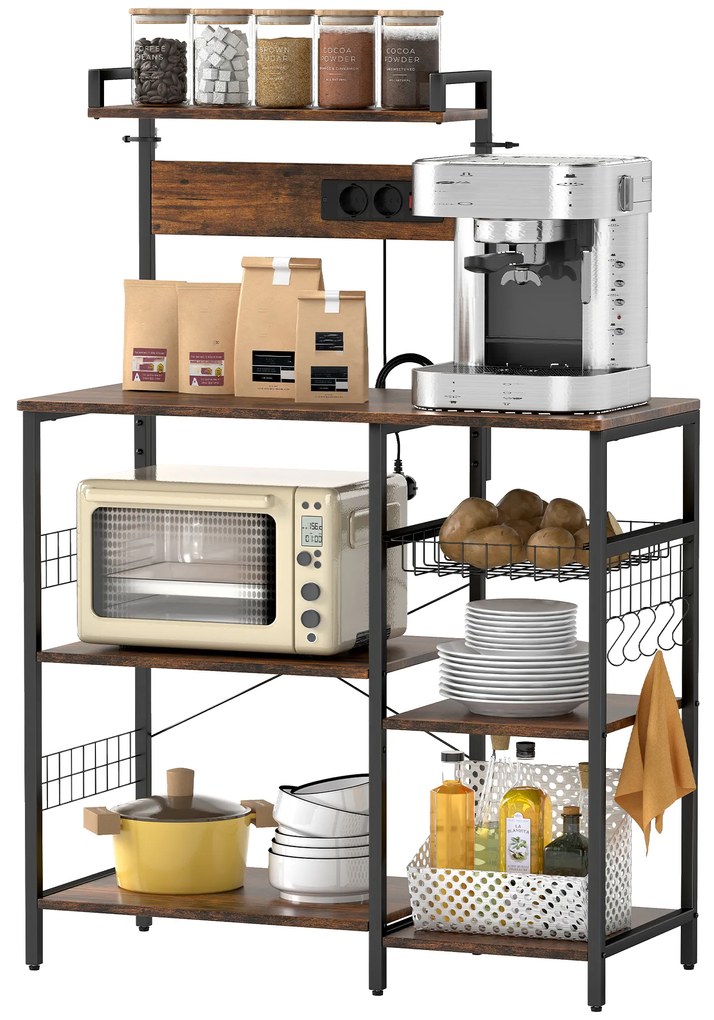 HOMCOM Raft pentru bucătărie, raft independent cu 2 prize, 5 cârlige S, 5 polițe, coș, bare în X, oțel 90 x 42 x 130 cm | Aosom Romania