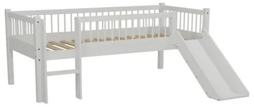Pat Semi-Înălțat (Mid-Sleeper) cu Tobogan și Scară Forrest Beech pentru Camera Copii, 90x200 cm, din Lemn Masiv de Fag, Alb – Vipack