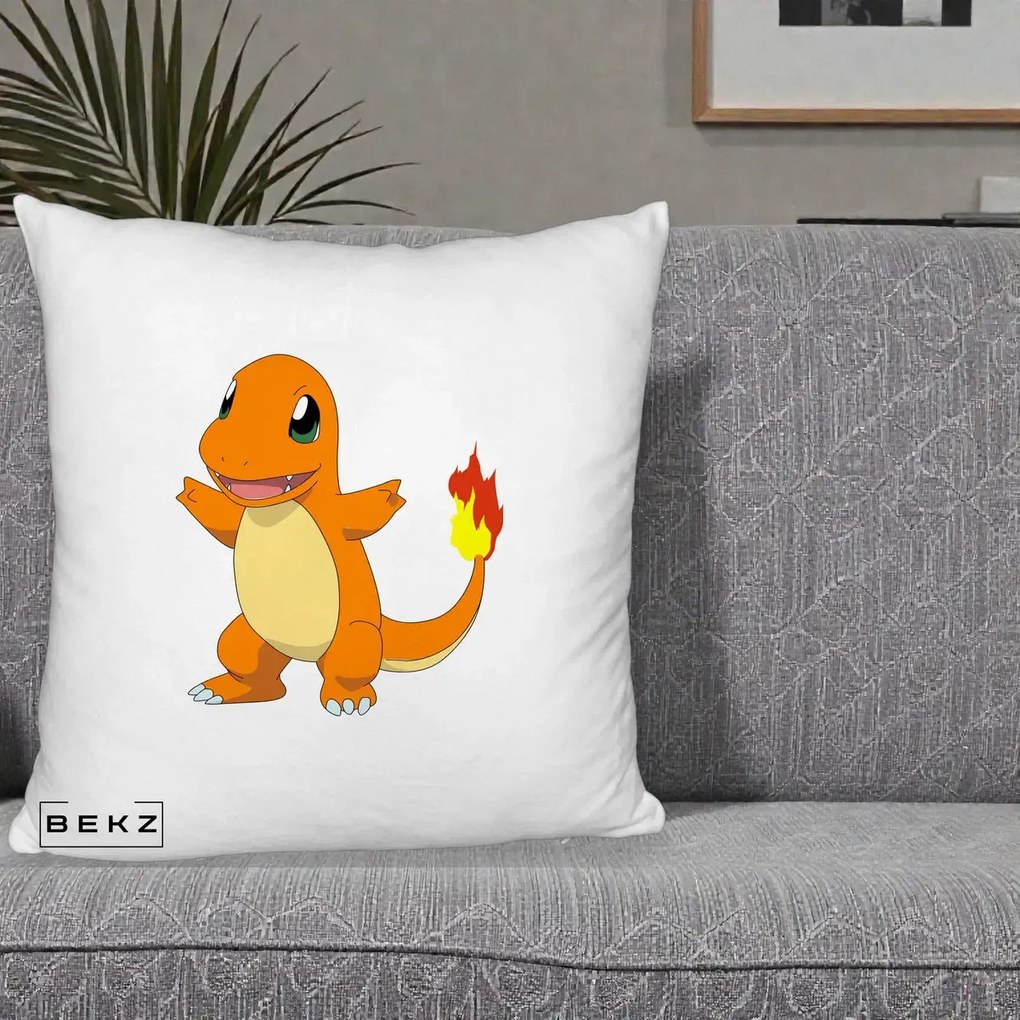 Perna Personalizata Charmander Pokemon, 40x40 cm, Alb Pufos, Husa Detasabila, Perna Inclusa, BEKZ®