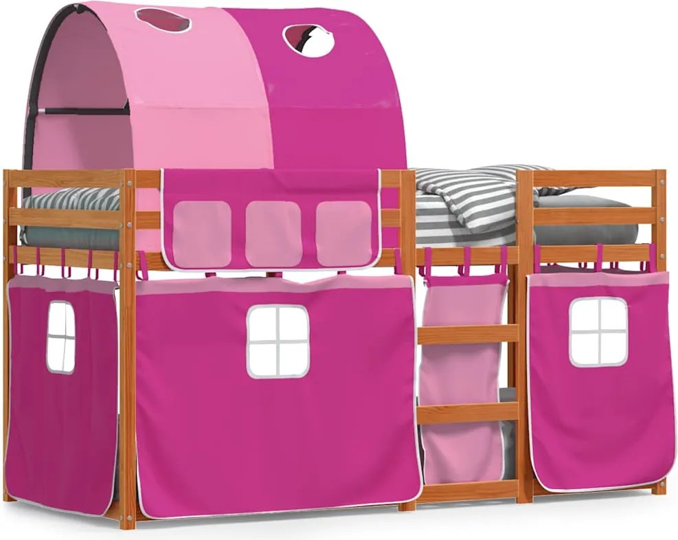 vidaXL Pat supraetajat cu perdele, roz, 90x200 cm, lemn masiv pin