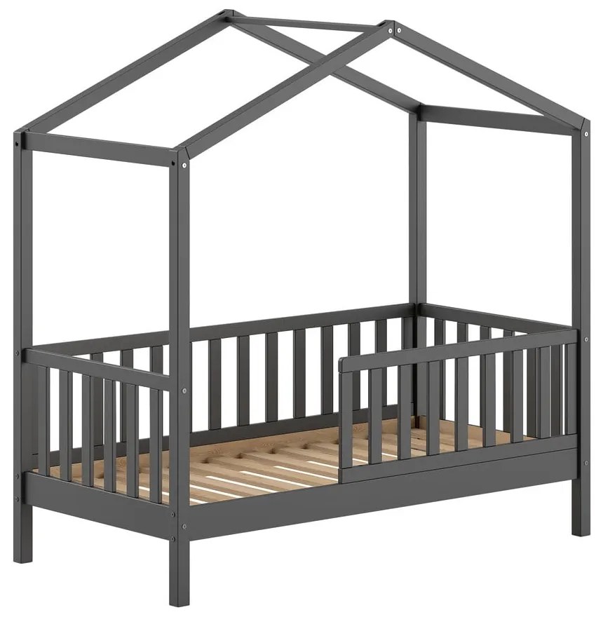 Pat pentru copii gri antracit de tip casă din lemn de pin cu somieră 70x140 cm DALLAS – Vipack