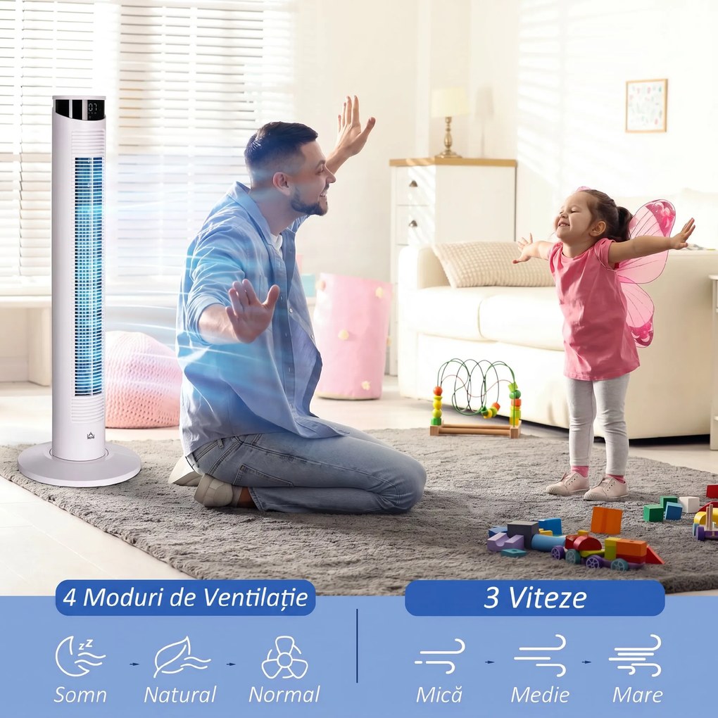 HOMCOM Ventilator Turn cu 3 Moduri și 3 Viteze cu Cronometru 12h, ABS și Ventilator de Podea cu Telecomandă, Ø31.5x93 cm, Alb | Aosom Romania