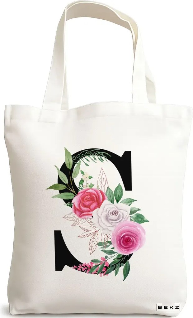 Sacosa de Panza pentru Cumparaturi, Geanta Tote, Cu litera S si Trandafiri, 38x34.5 cm, Alba, BEKZ®