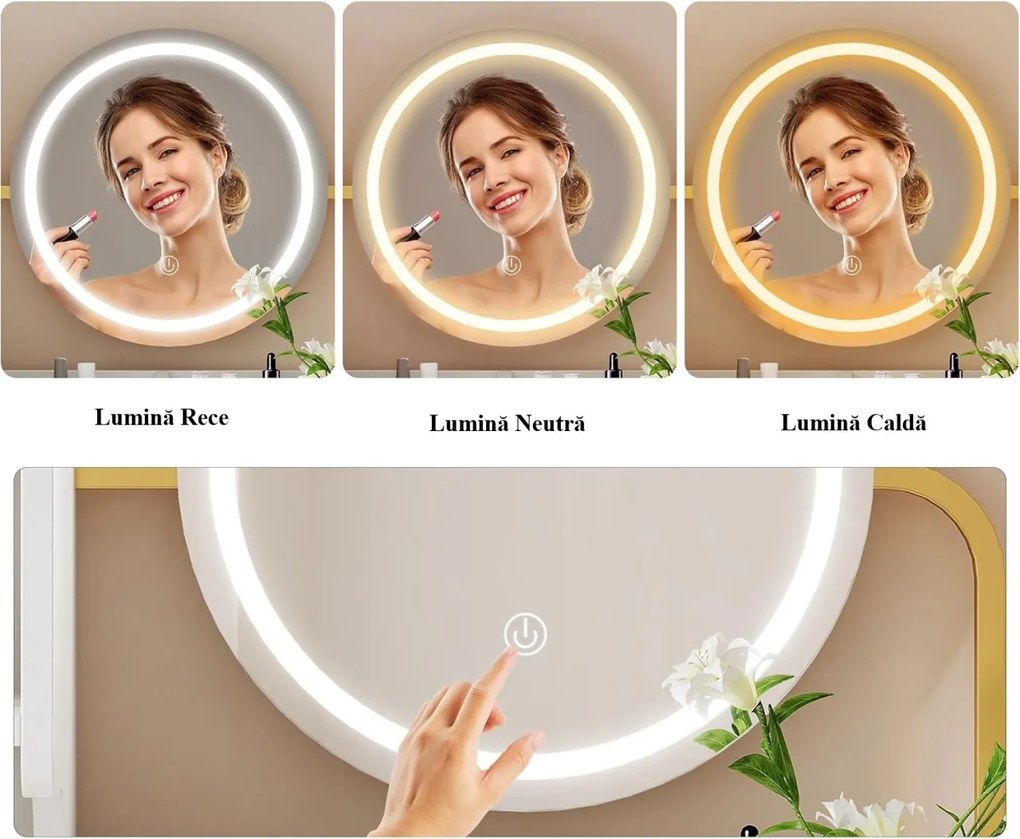 Masuta machiaj cu Oglinda LED si 3 Sertare pentru Cosmetice, Set Masa toaleta 80 cm, Alb, masuta cosmetica, vanity - SEA825