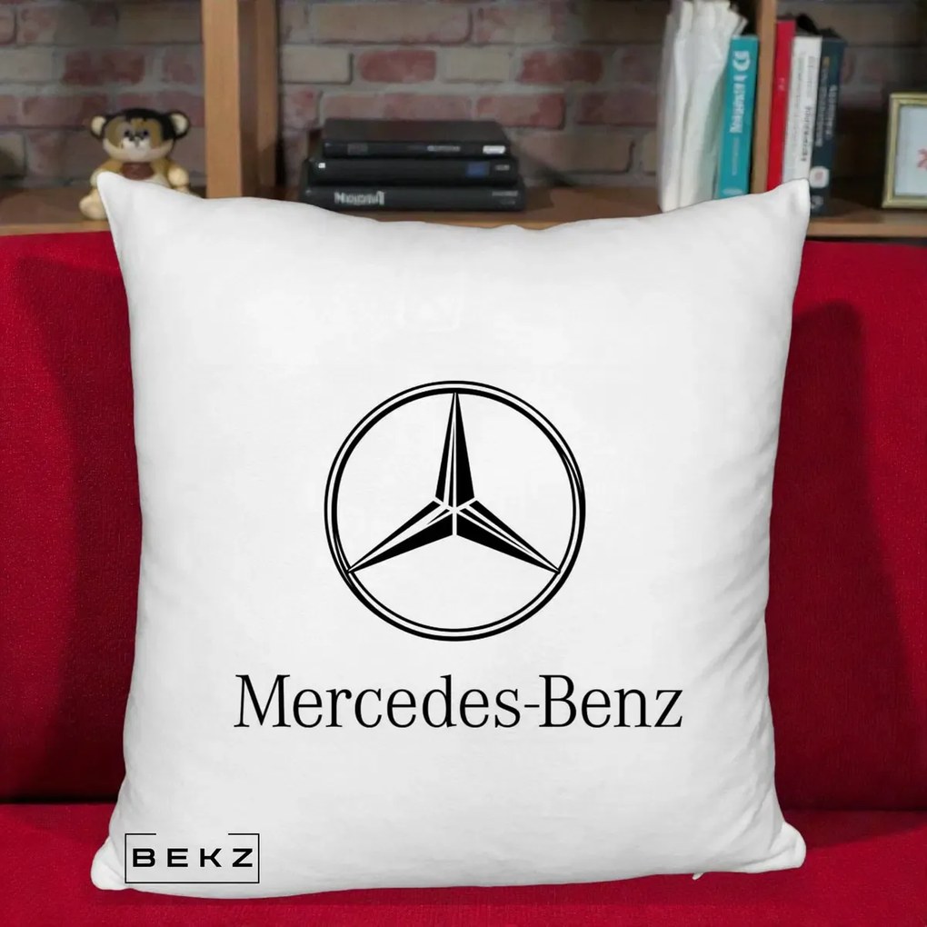 Perna Personalizata cu emblema Mercedes-Benz, 40x40 cm, Alb Pufos, Husa Detasabila, Perna Inclusa, BEKZ®