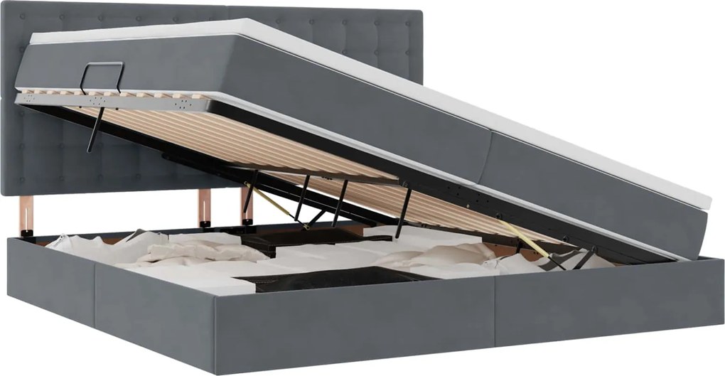 vidaXL Pat cu saltea și spațiu de depozitare Gri închis 200 x 200 cm