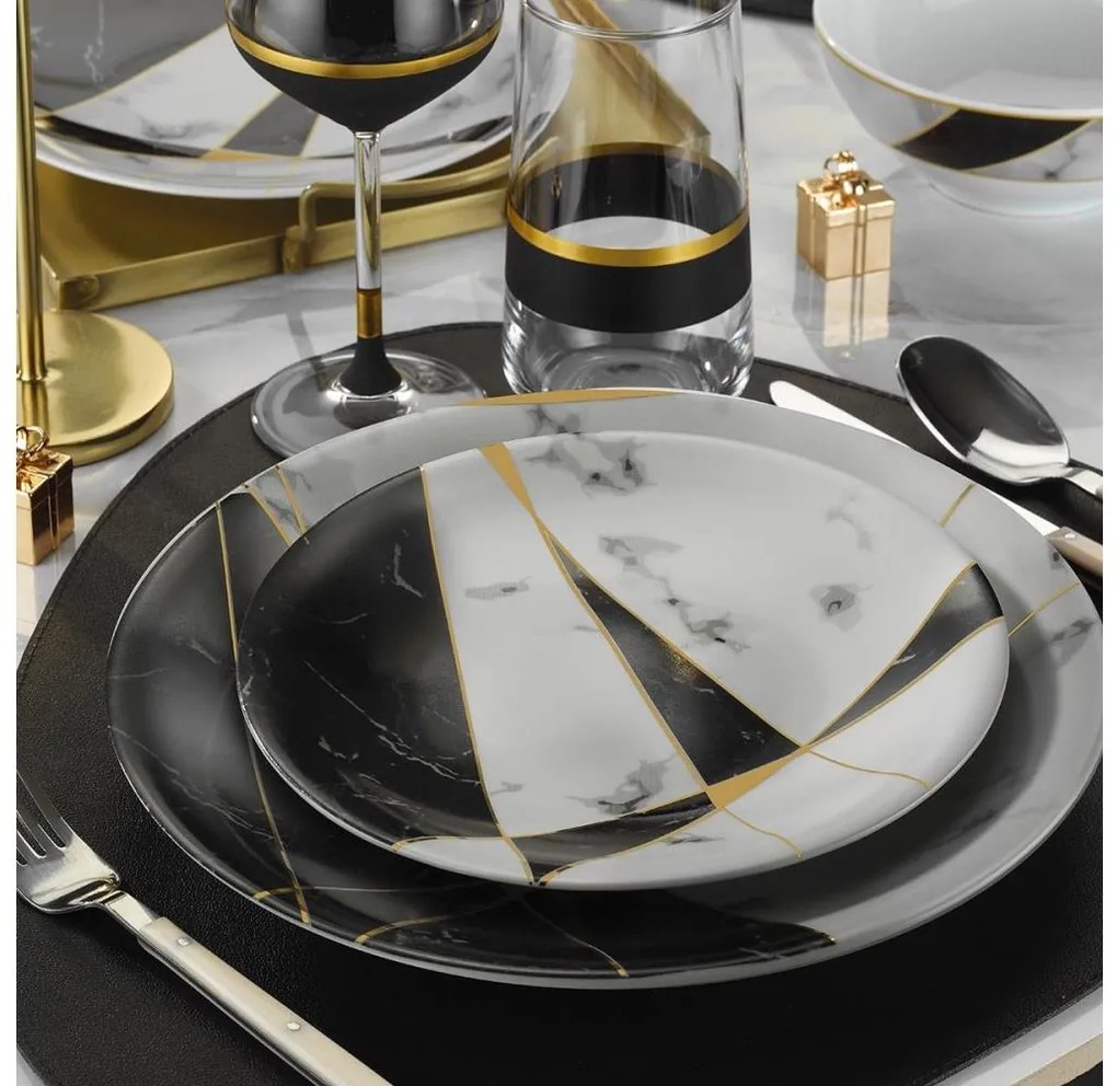 Set de masă, 24 piese, porțelan, negru/alb/auriu