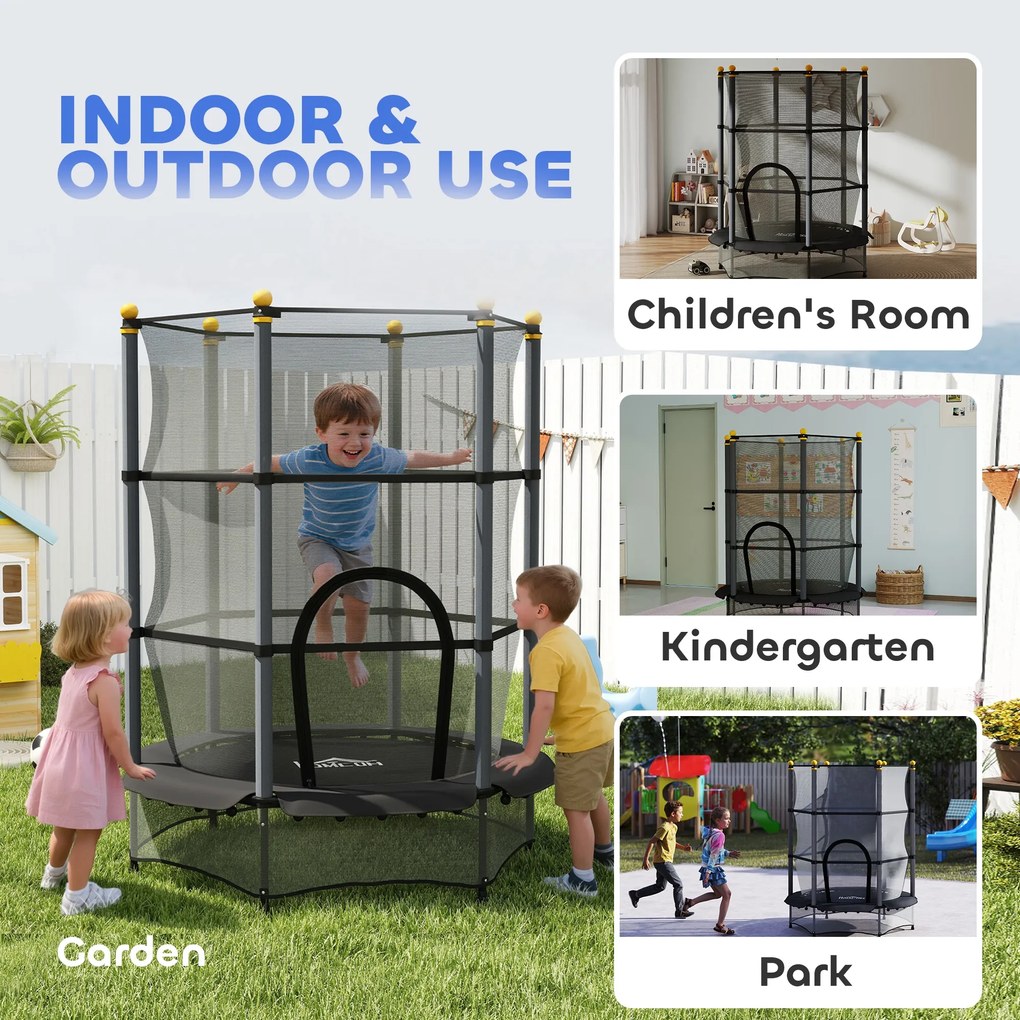 HOMCOM Trambulină Elastică pentru Copii 3-10 Ani cu Plasă de Siguranță și Țevi Capitonate, Ø140 x 190 cm, Negru | Aosom Romania