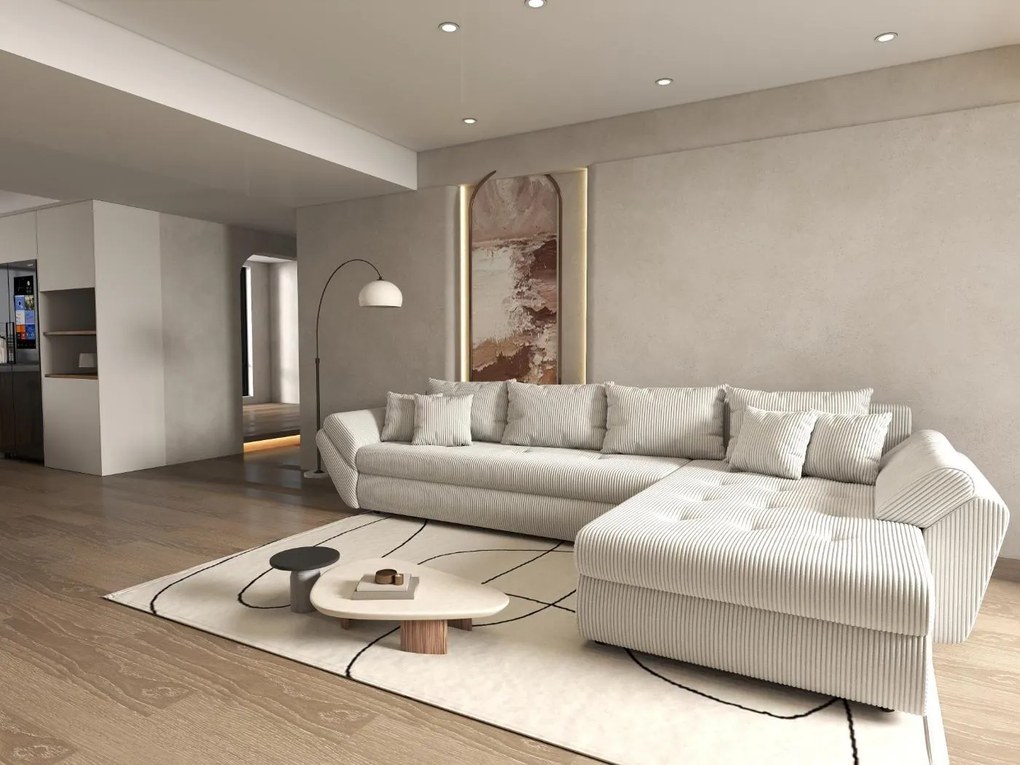 Colțar extensibil dumonde cu ladă de depozitare si sezut confortabil din spuma high-density, Loana XL Zoom Cream II 335x185 cm