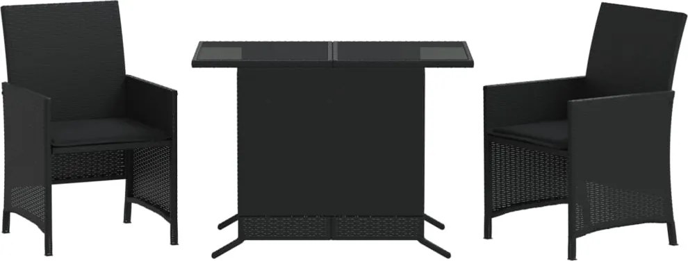 vidaXL Set bistro cu perne, 3 piese, negru, poliratan