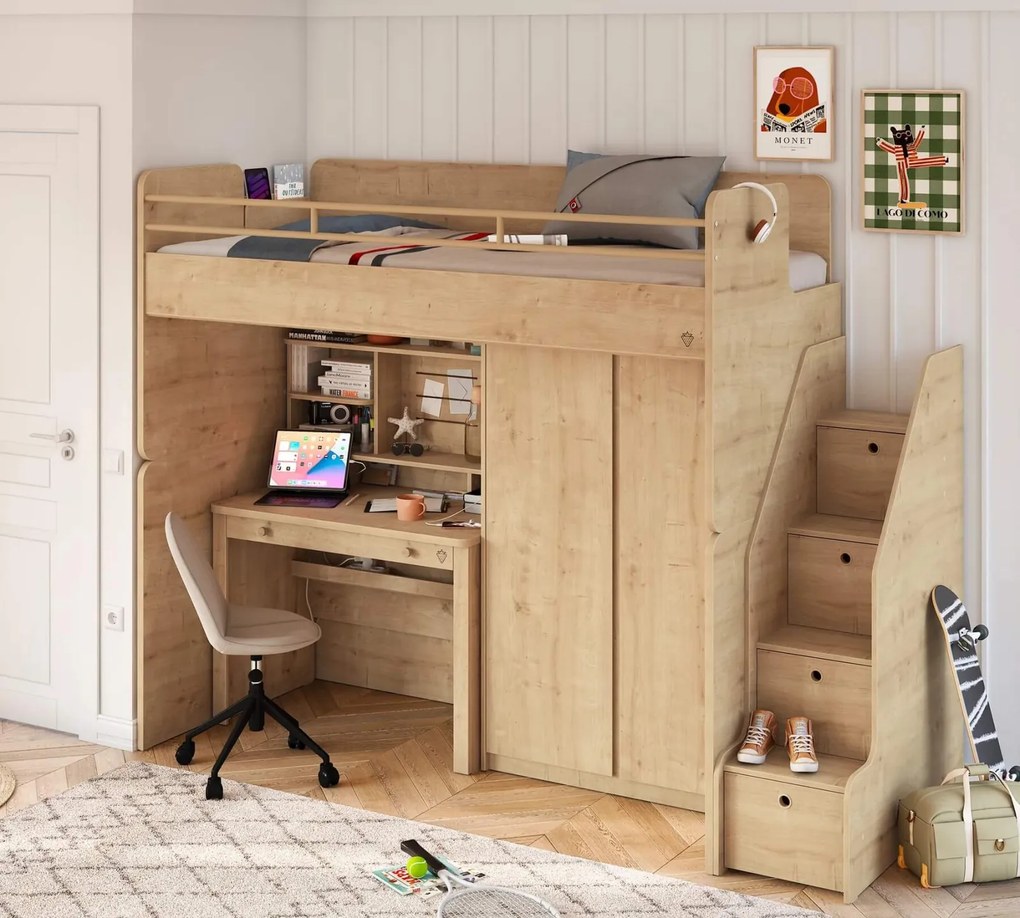 Pat etajat pentru copii Studio Mocha, cu birou si dulap ,   saltea 90x200 cm