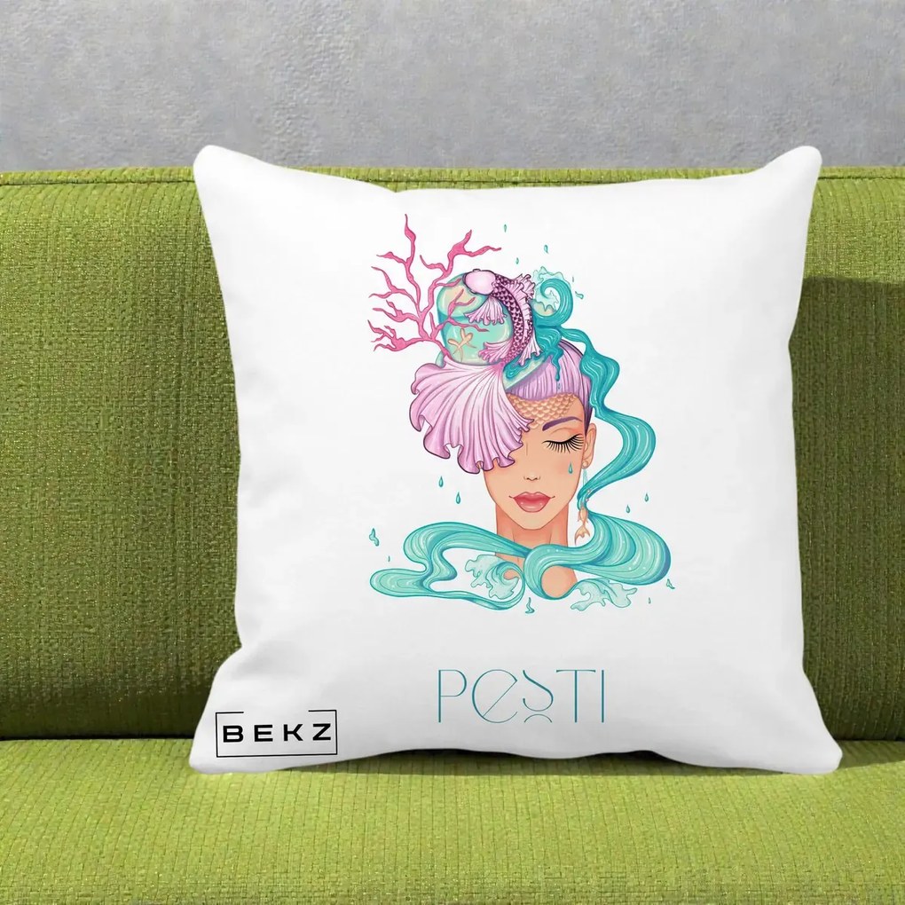 Perna Personalizata Zodiac Pesti Cowgirl, 40x40 cm, Alba Mata, Husa Detasabila, Perna Inclusa, BEKZ®