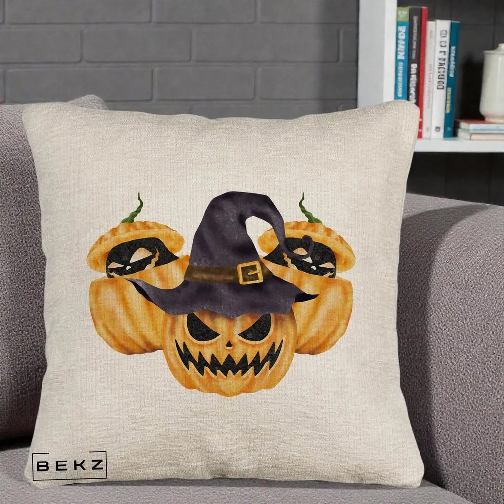 Perna Decorativa Trio Dovleci Jack-o-Lantern cu Palarie Vrajitoare, 40x40 cm, Bej Canapea, Husa Detasabila, Perna Inclusa, BEKZ®