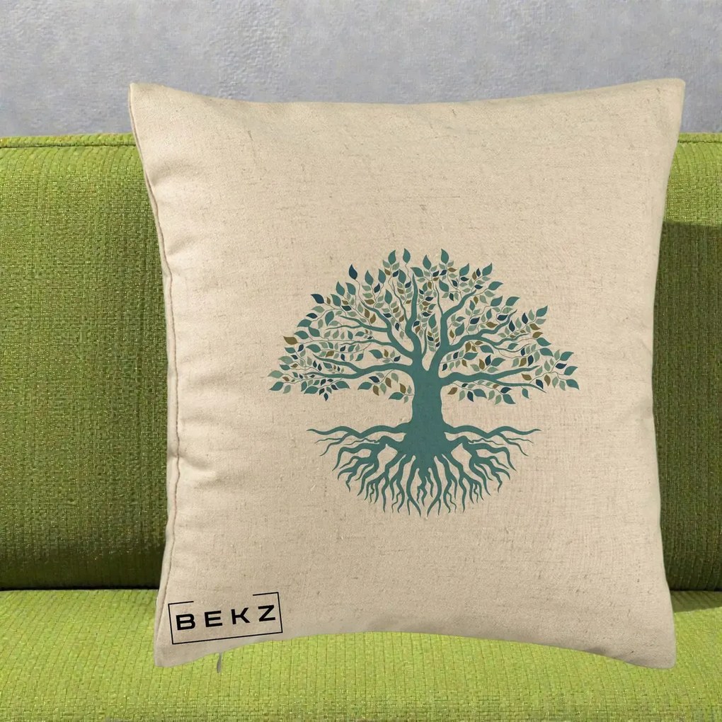 Perna Decorativa Copacul Vietii Teal cu Radacini, 40x40 cm, Bej, Husa Detasabila, Perna Inclusa, BEKZ®