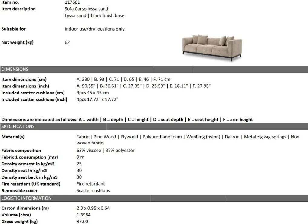 Canapea fixa design LUX Corso, lyssa sand