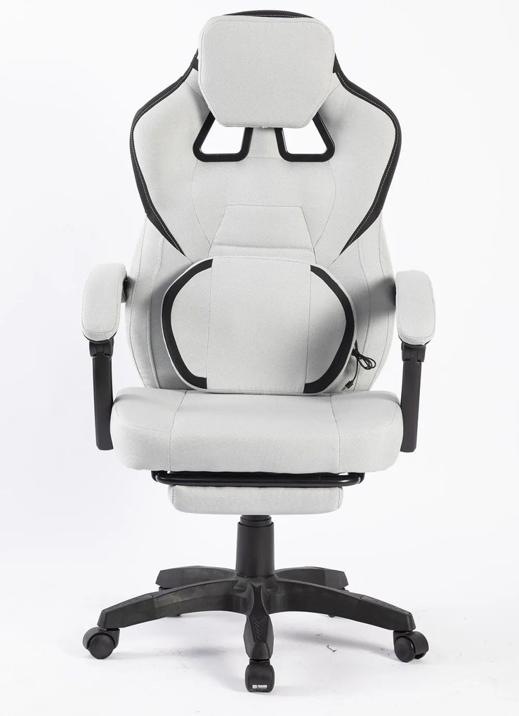 Scaun gaming, suport lombar cu masaj, rabatabil 90°-135°, suport picioare, material textil respirabil, Gri deschis