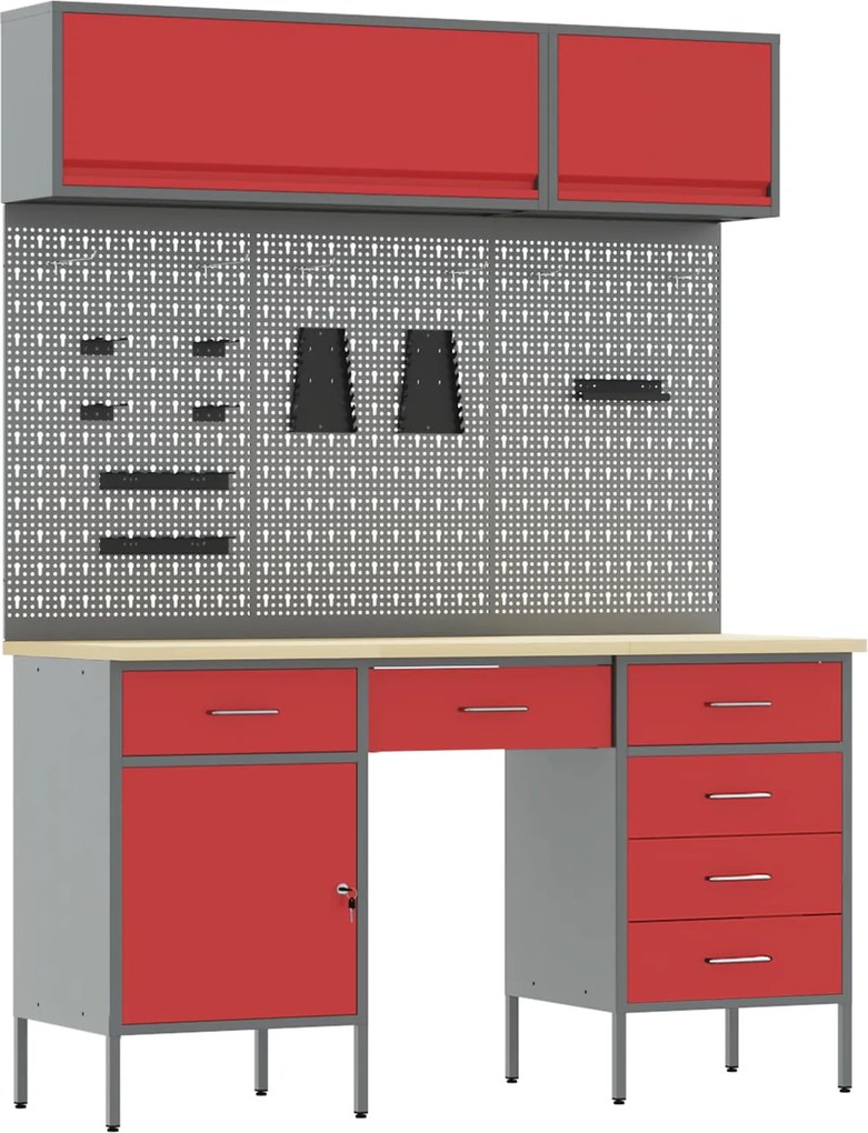 vidaXL Dulap de lucru cu sertar 8 pcs Roșu Lemn ingineresc și oțel