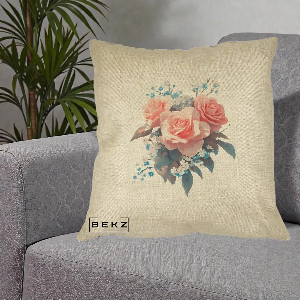 Perna Decorativa Trandafiri Roz cu Floricele Albastre, 40x40 cm, Crem, Husa Detasabila, Perna Inclusa, BEKZ®