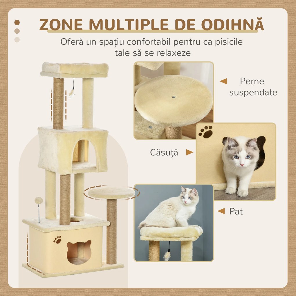 PawHut Ansamblu de joacă pentru Pisici Înalt 136 cm cu Căsuță Detașabilă, Căsuță și Pătuț, Stâlpi din Iută, Bej | Aosom Romania