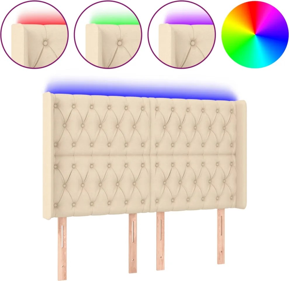 vidaXL Tăblie de pat cu LED, crem, 147x16x118/128 cm, textil