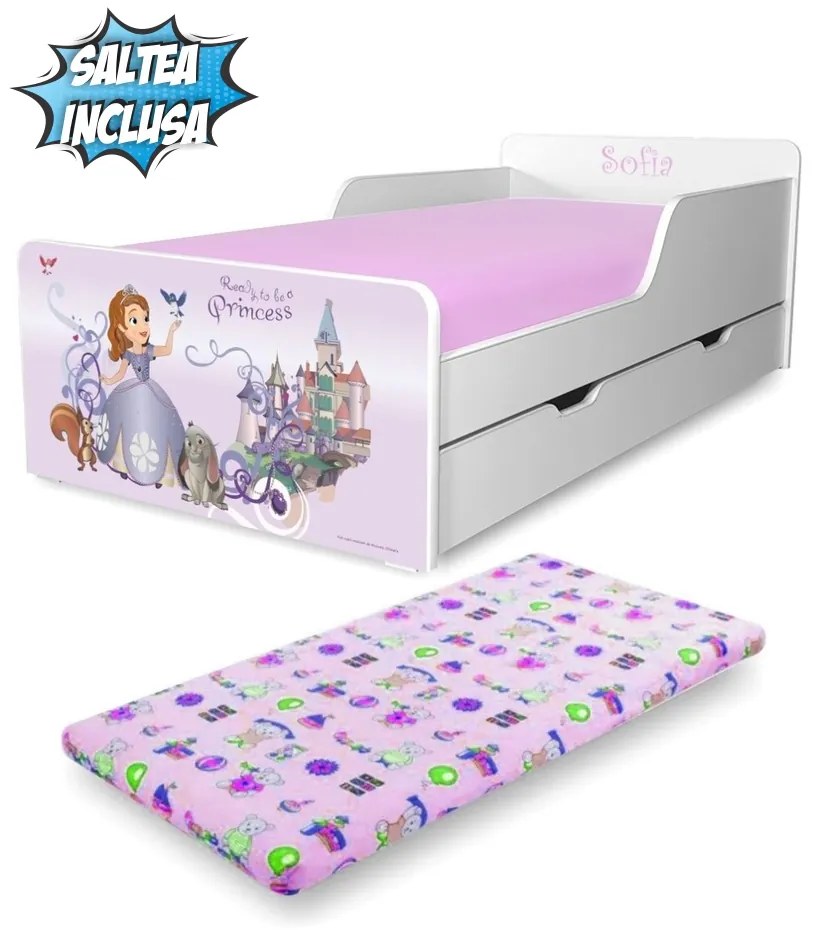 Pat Fete Start Sofia 2-12 ani, cu sertar si saltea cu lana 160x80x6cm inclusa - PC-P-MK-SRT-SOF-80