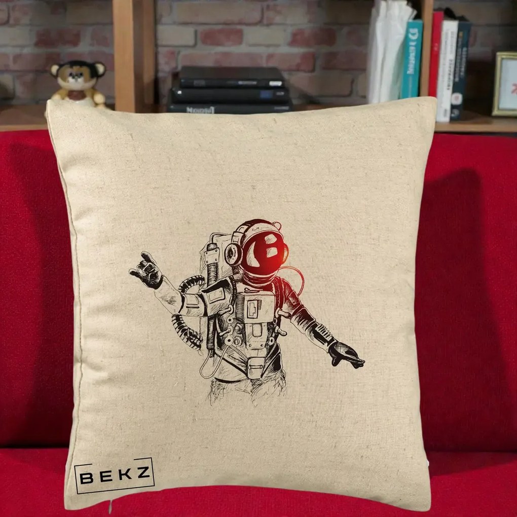 Perna Decorativa Astronaut Rock Sketching, 40x40 cm, Bej, Husa Detasabila, Perna Inclusa, BEKZ®