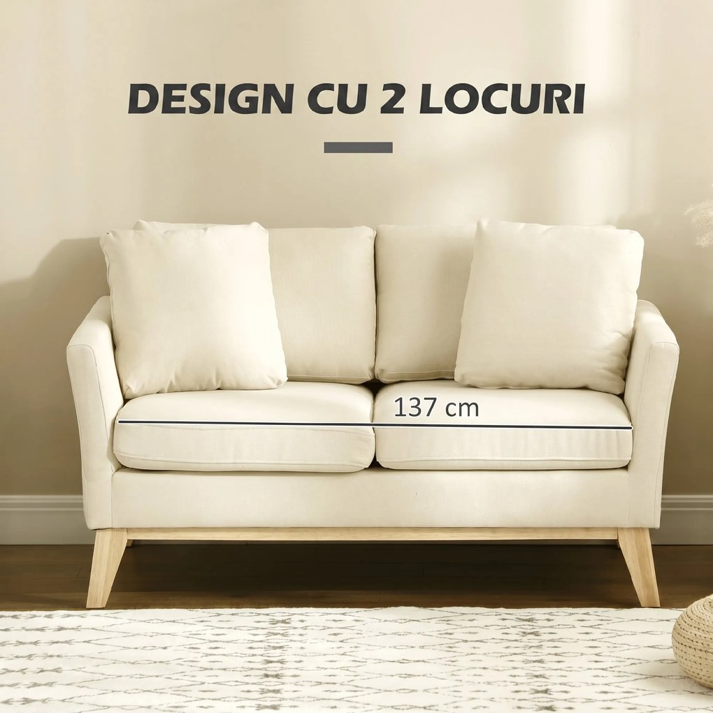 HOMCOM Canapea pentru 2 persoane pentru sufragerie, canapea mica, canapea tapitata cu 2 perne decorative, bej | Aosom Romania