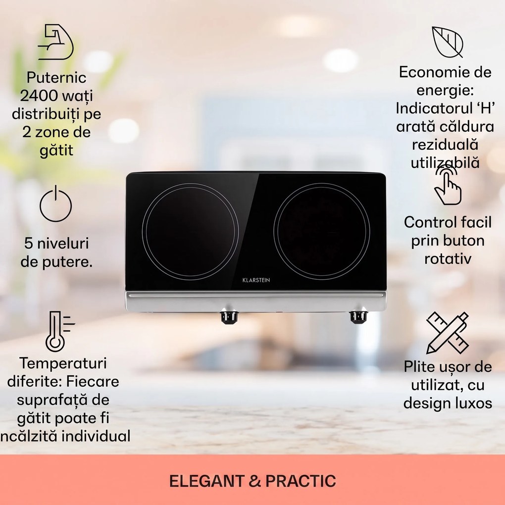 Klarstein Cookbuddy, plită dublă, 2400 W, 5 niveluri de putere, sticlă ceramică
