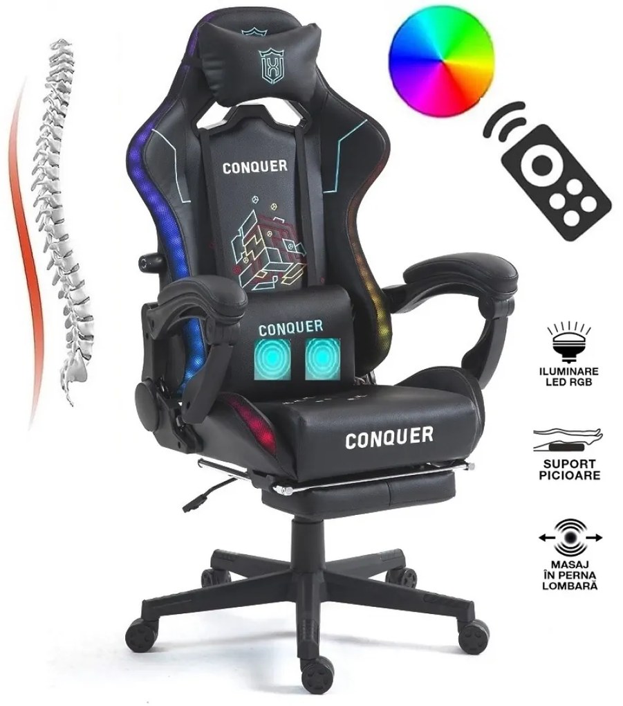 Scaun gaming cu masaj în perna lombară, sistem iluminare bandă LED RGB, suport lombar reglabil, suport picioare, PU, Negru/Alb