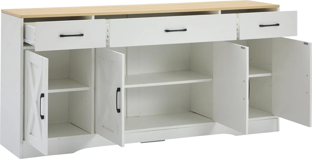Bufet modern în design scandinav-industrial, cu 3 sertare și 4 uși, 160x37x75 cm, Alb