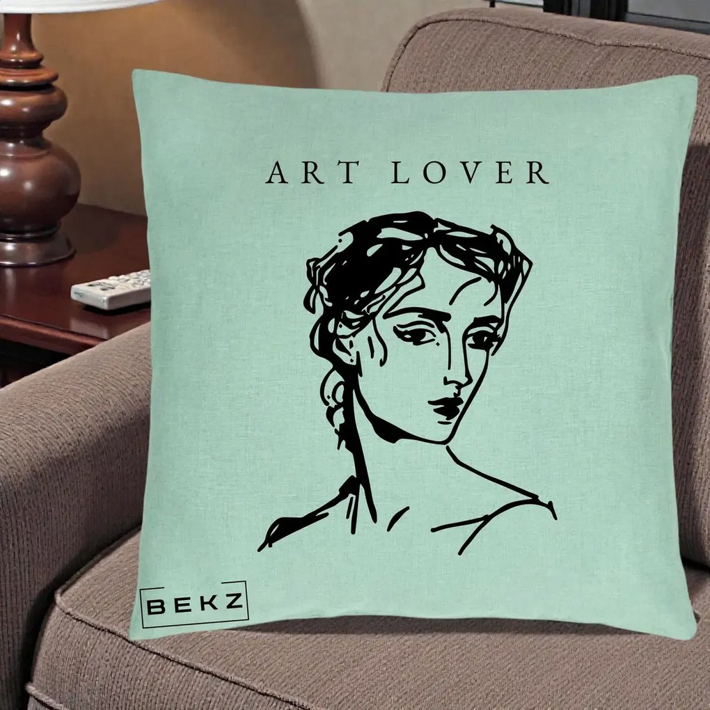 Perna Decorativa Art Lover Portret Grafic, 40x40 cm, Verde Menta, Husa Detasabila, Perna Inclusa, BEKZ®