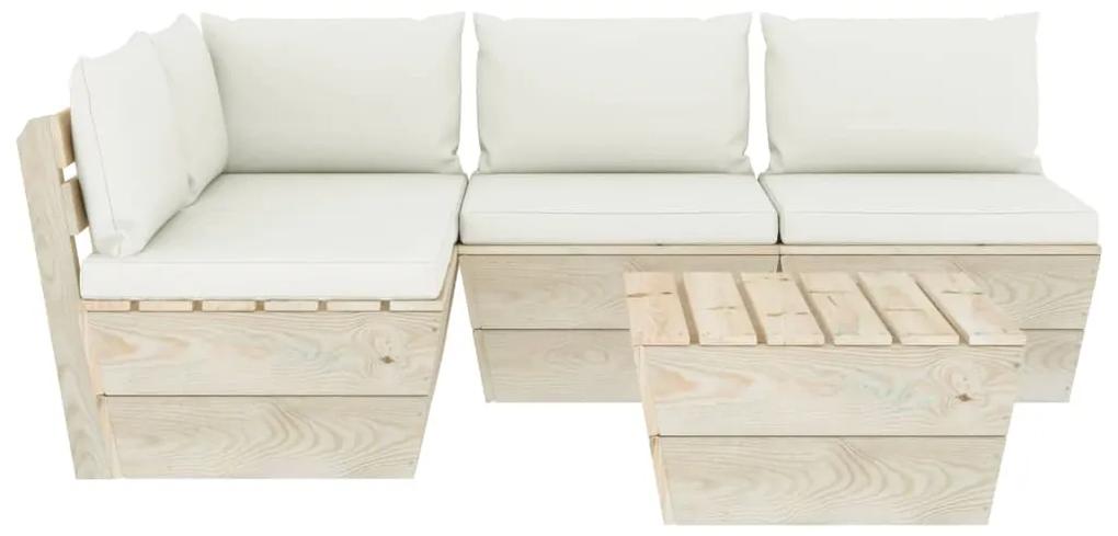 Set mobilier gradina din paleti cu perne, 5 piese, lemn molid Crem, colt + 3x mijloc + masa, 1