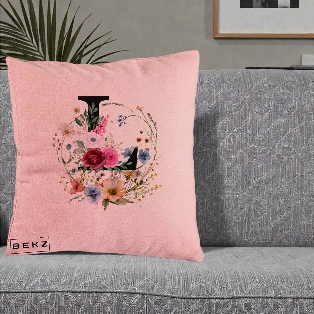 Cadou Personalizat - Perna Personalizata Monogram Litera L cu Flori Acuarela, 40x40 cm, Roz, Husa Detasabila, Perna Inclusa, BEKZ®