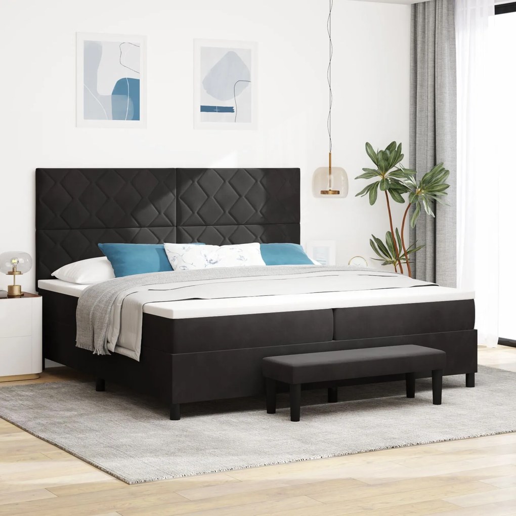 vidaXL Pat cu arcuri cu saltea și bancă negru 200x200 cm catifea