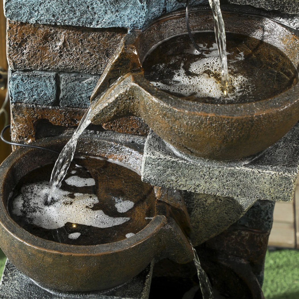 Outsunny Fântână de apă exterioară 5 nivele fântână de grădină LED-uri panou solar pompă din rășină gri și maro | Aosom Romania