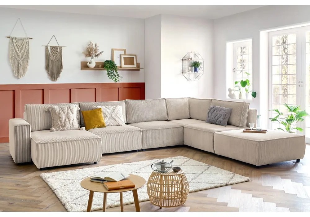 Colțar crem cu tapițerie din catifea reiată (cu colț pe partea dreaptă/în formă de "U") Nihad modular – Bobochic Paris