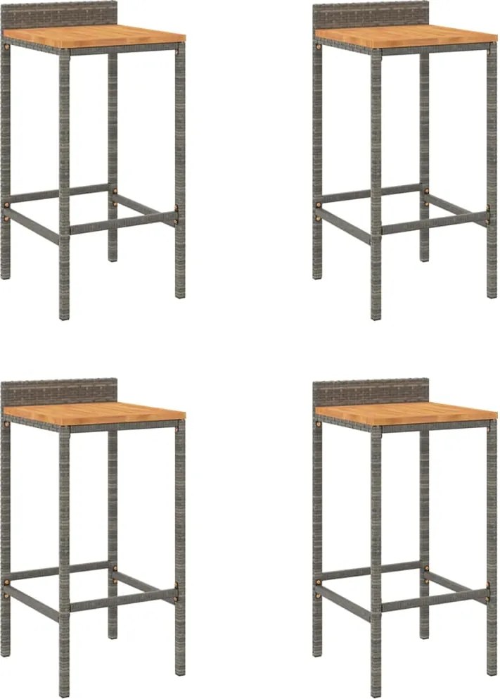 vidaXL Scaune de bar, 4 buc, gri, poliratan și lemn masiv de acacia