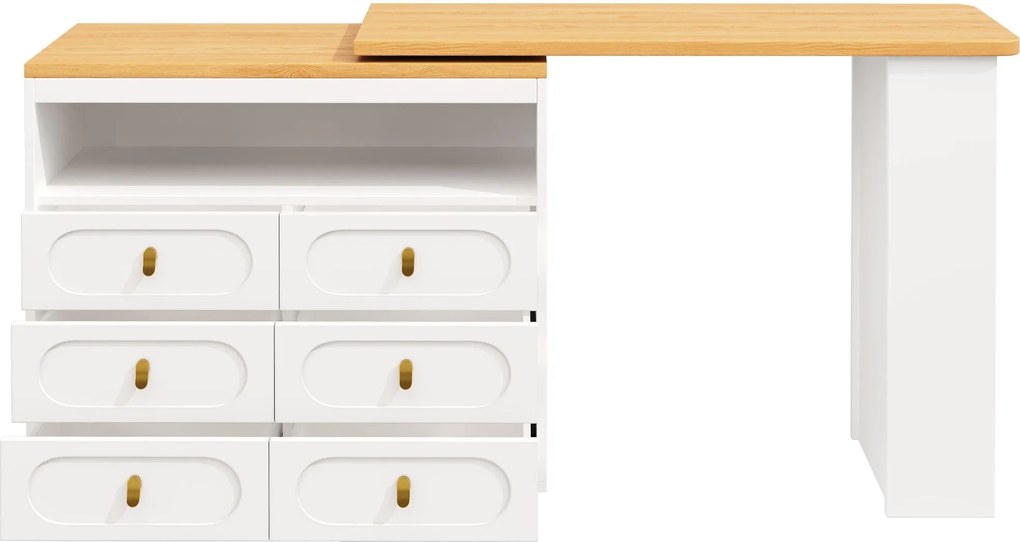 Masă de bar extensibilă cu rotire 360°, 6 sertare și raft lateral pentru gustări, 137-203x39x90 cm, Alb