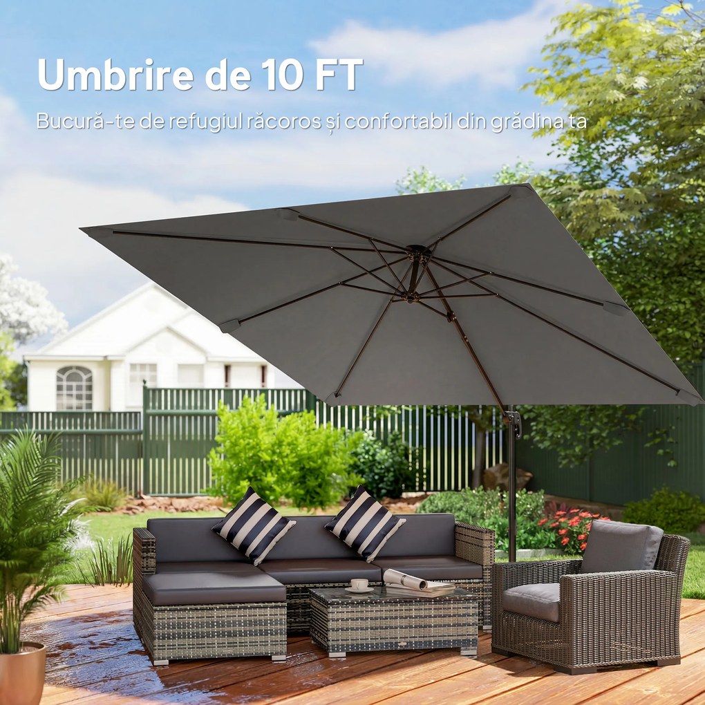 Outsunny Umbrelă de Grădină Decentralizată cu Manivelă 3x3m, Înclinabilă, Rotativă 360°, Umbrelă de Exterior Pătrată cu Bază Cruce, din Aluminiu, pentru Terasă sau Piscină, UV30+, Gri Închis | Aosom Romania