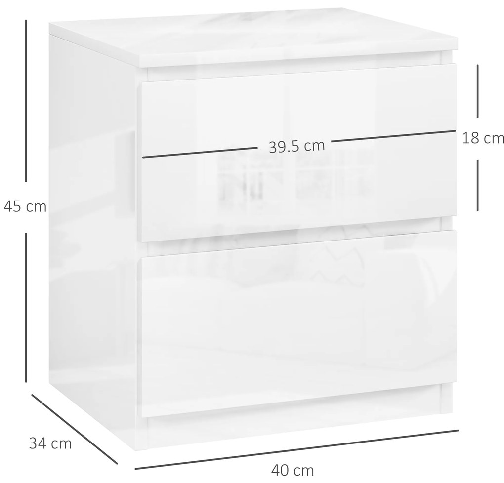HOMCOM Măsuță de Noapte cu 2 Sertare Măsuță de Noapte pentru Dormitor Sufragerie 40x34x45 cm Alb Lucios | Aosom Romania
