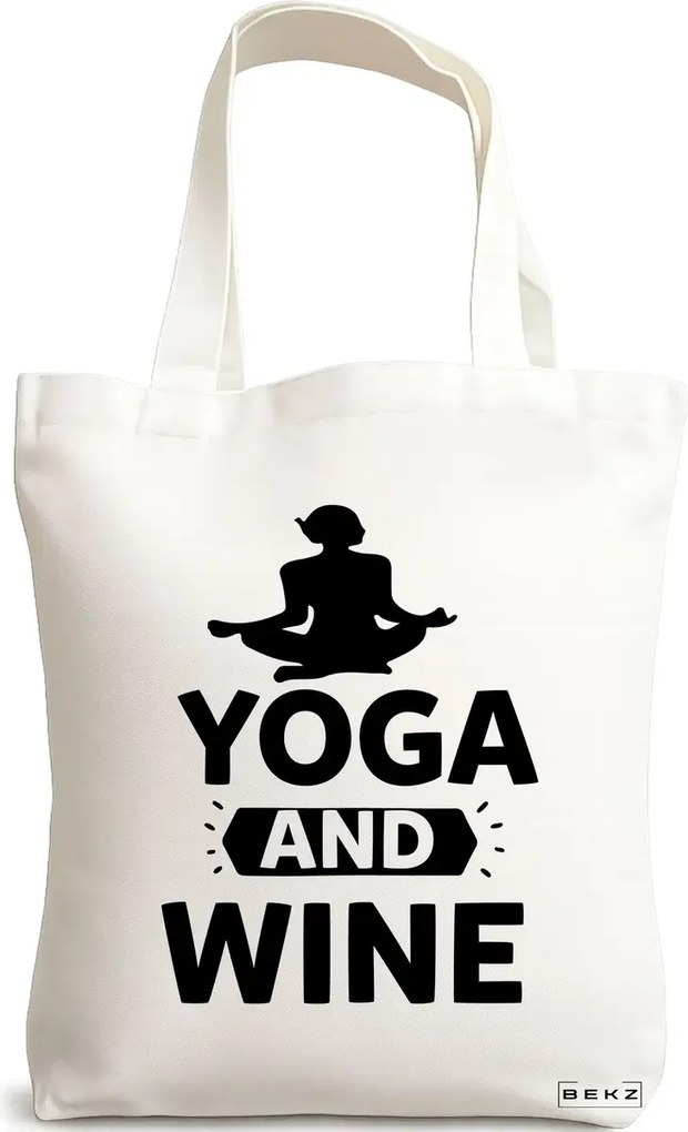 Sacosa de Panza pentru Cumparaturi, Geanta Tote Yoga and Wine, 38x34.5 cm, Alba, BEKZ®