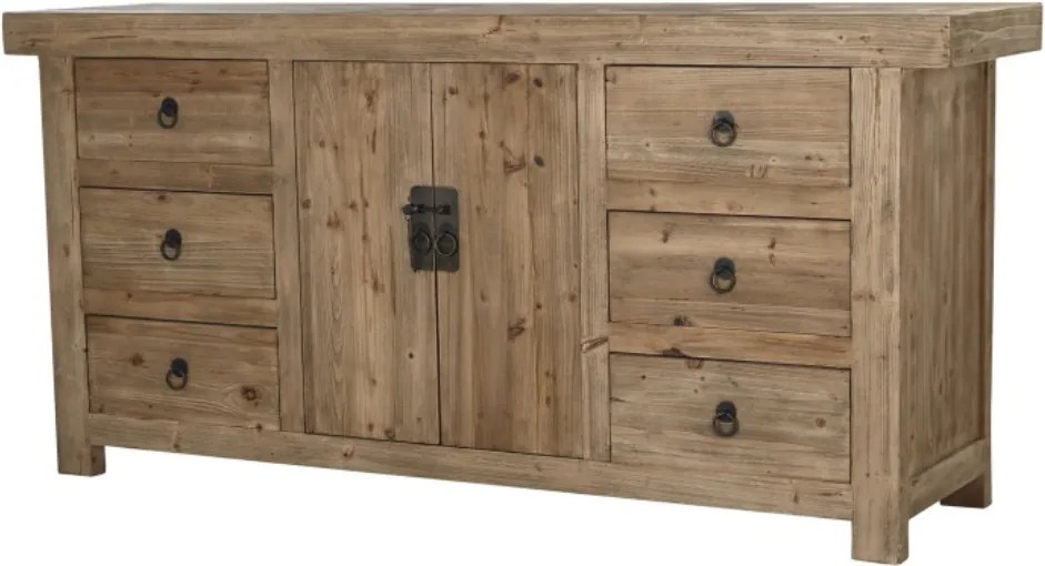 Bufet rustic din lemn reciclat, natur, cu 2 uși, 6 sertare și încuietoare cu cheie, 85 x 180 x 45 cm, „Étable”