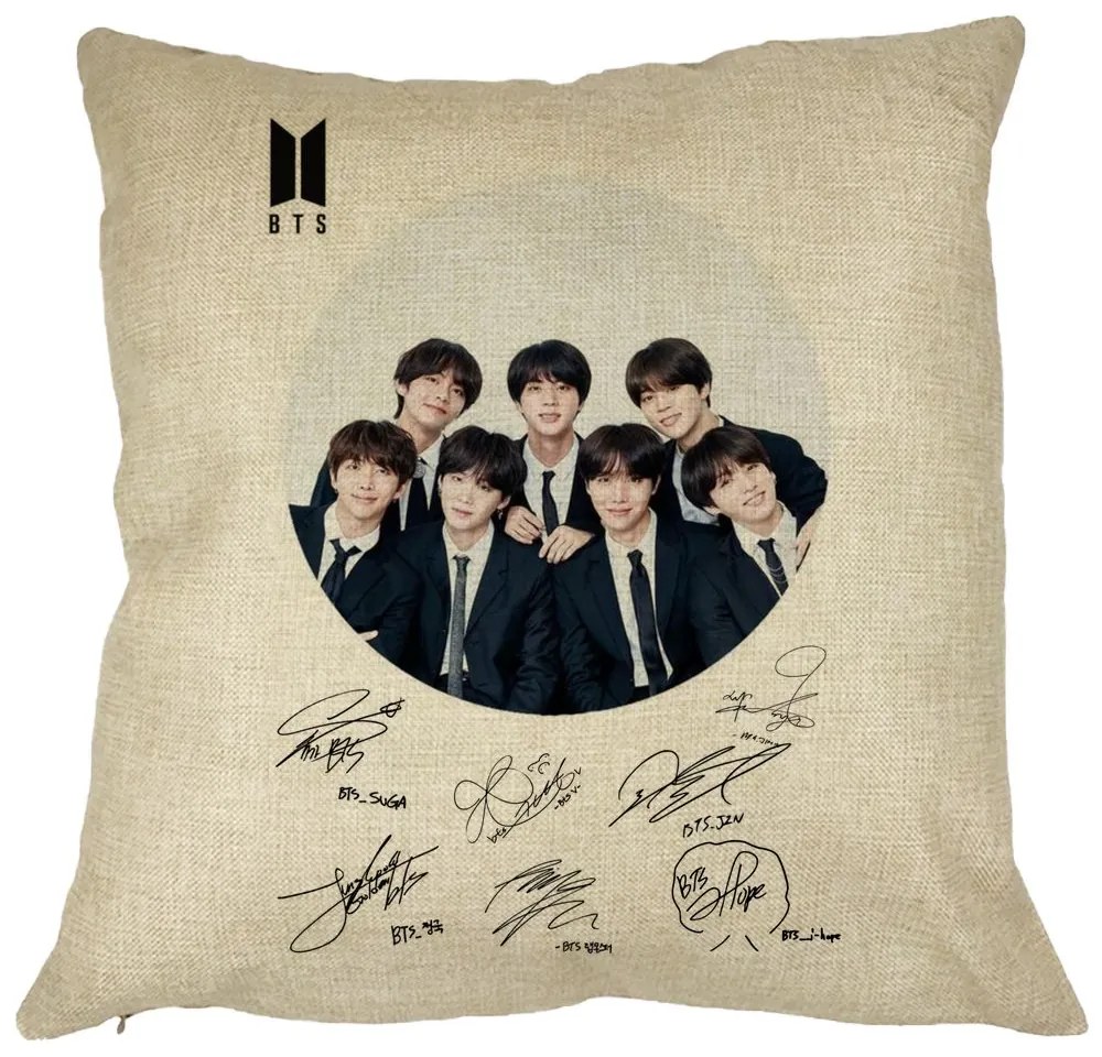 Perna Decorativa BTS Army in Costum cu Semnaturi, 40x40 cm, Husa Detasabila, Burduf