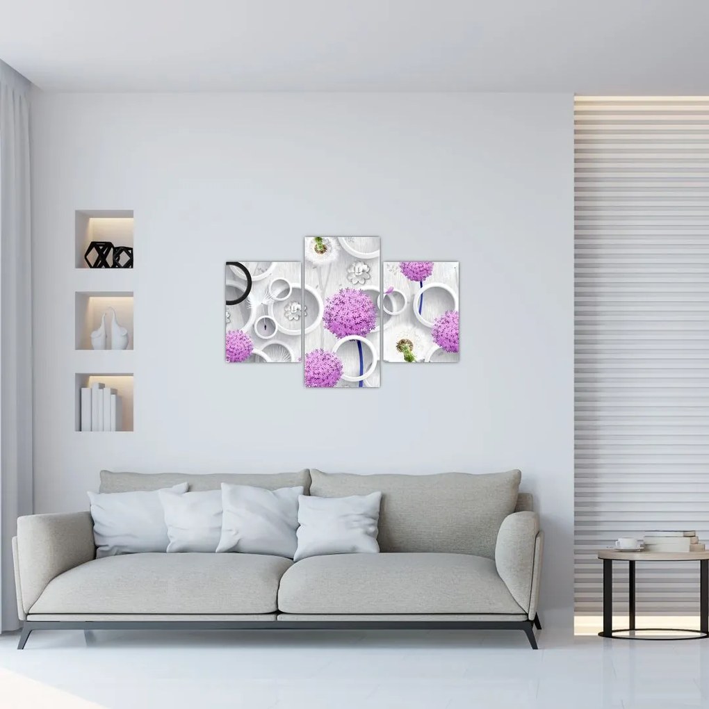 Tablou cu abstracție 3D cu cercuri și flori (90x60 cm)