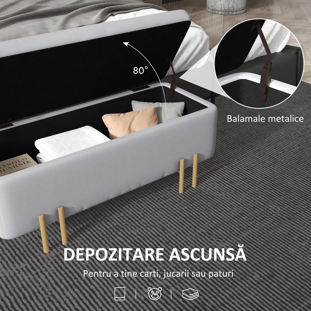 HOMCOM Bancă de Depozitare cu Șezut Tapițat și Picioare Lăcuite Aurii, 100x40x42 cm, Gri | Aosom Romania