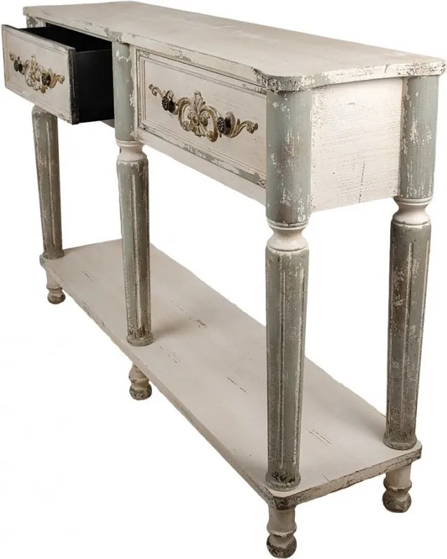Consolă hol shabby chic din lemn, alb, cu 2 sertare, raft, picioare gri canelate și ornamente sculptate, 92 x 141 x 36 cm, „Marguerite”