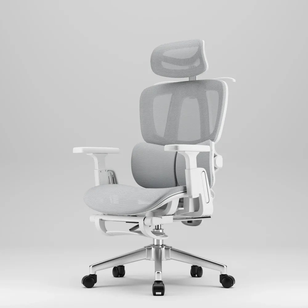 MILANO E06 Executive – Scaun Ergonomic cu Suport Lombar Reglabil în 2 Trepte, Tetieră Reglabilă, Cotiere 3D, Reclinare 135°, Umeraș Integrat, Suport pentru Picioare și Bază Metalică, Mesh, Gri